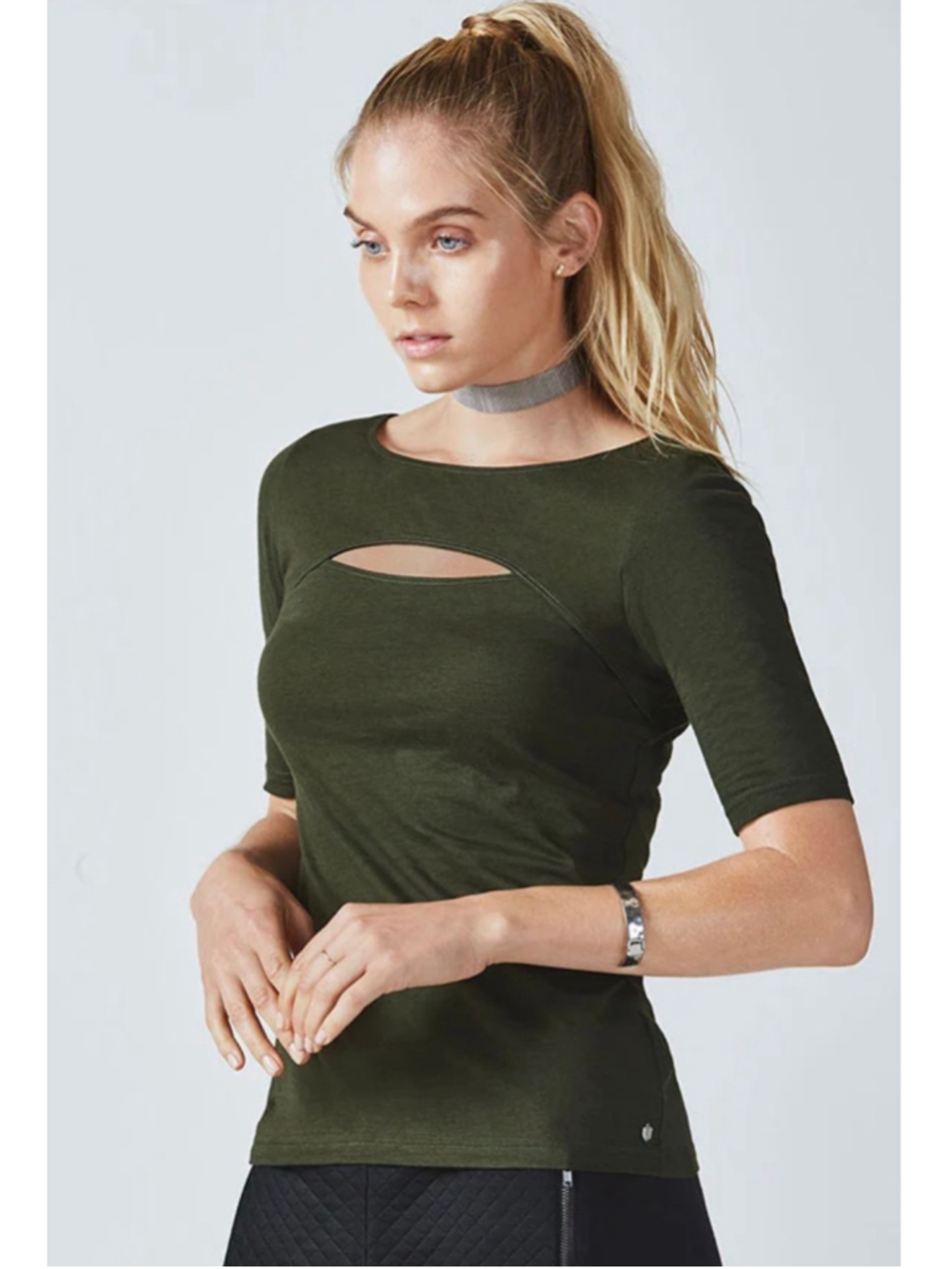 Women's Fabletics Olive Green Cutout Short Sleeve Tee Size S